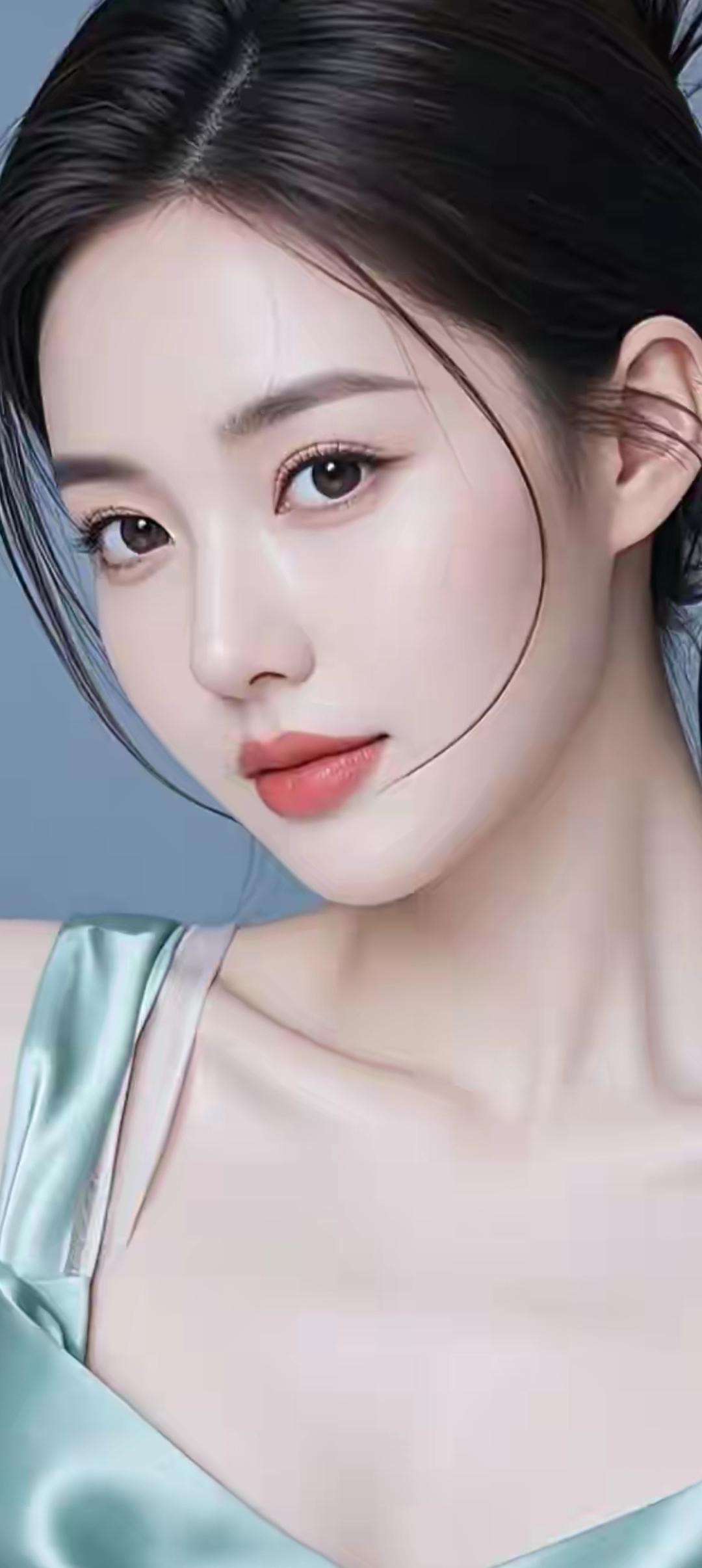 温柔甜美的少女，浅蓝色丝质睡衣，清新自然，让人心动不已。