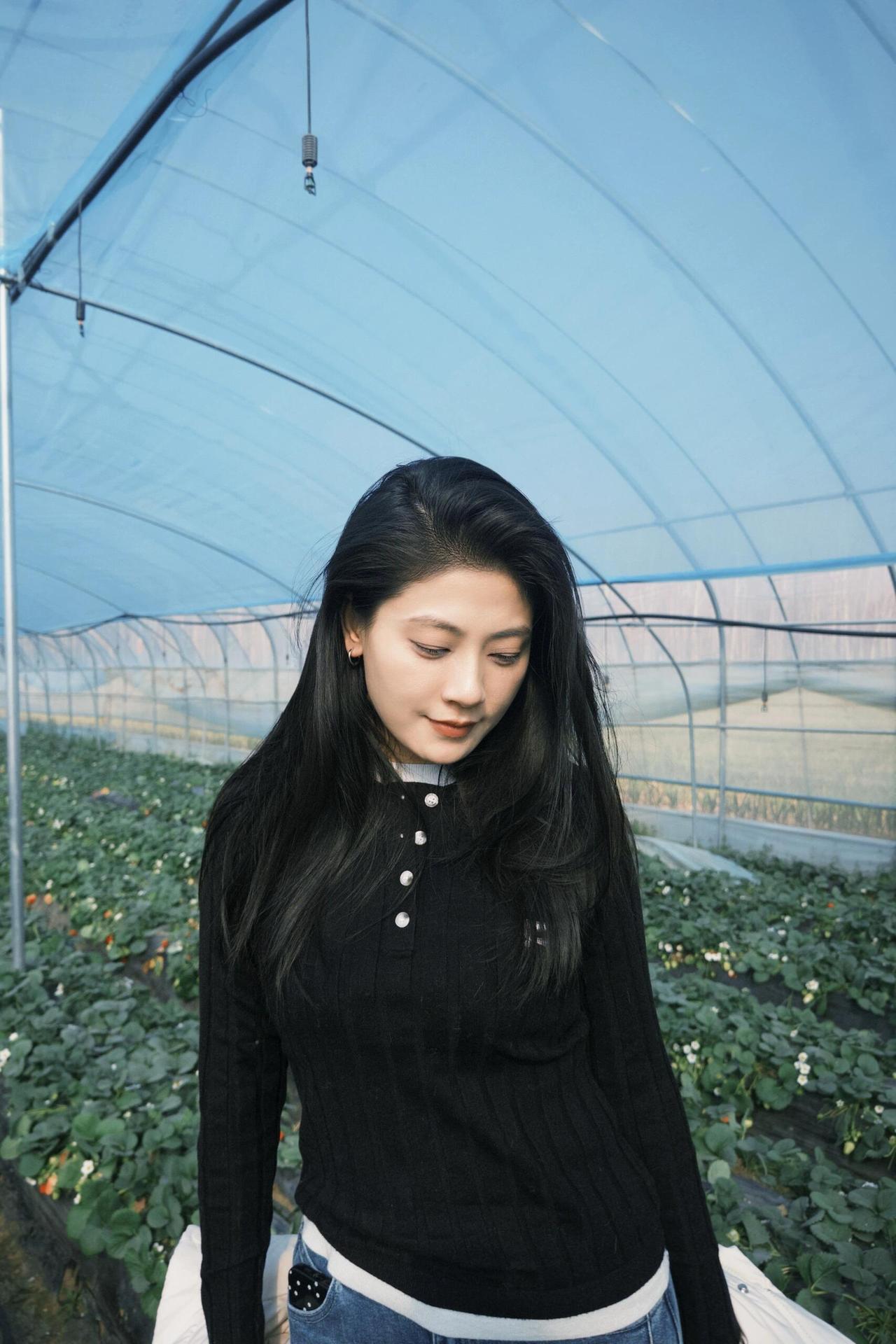 草莓棚里的甜暖时光蹲在草莓棚里的那一刻，蓝棚膜的光斜斜洒下来黑色针织开衫