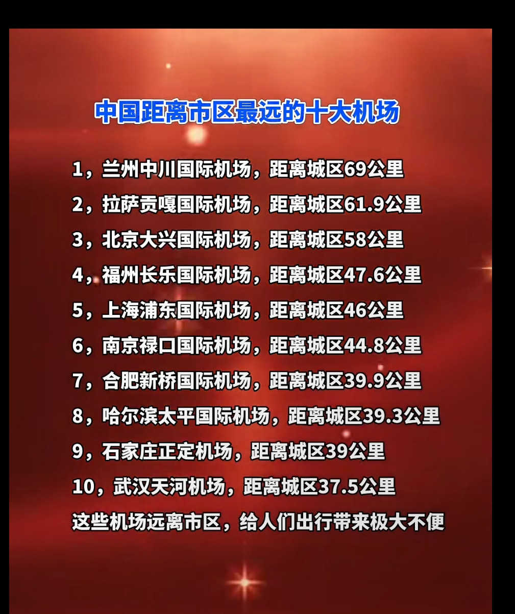 中国距离市区最远的十大机场。去非如今出差，有高铁的第一选择就是乘高铁。准点还不堵车。