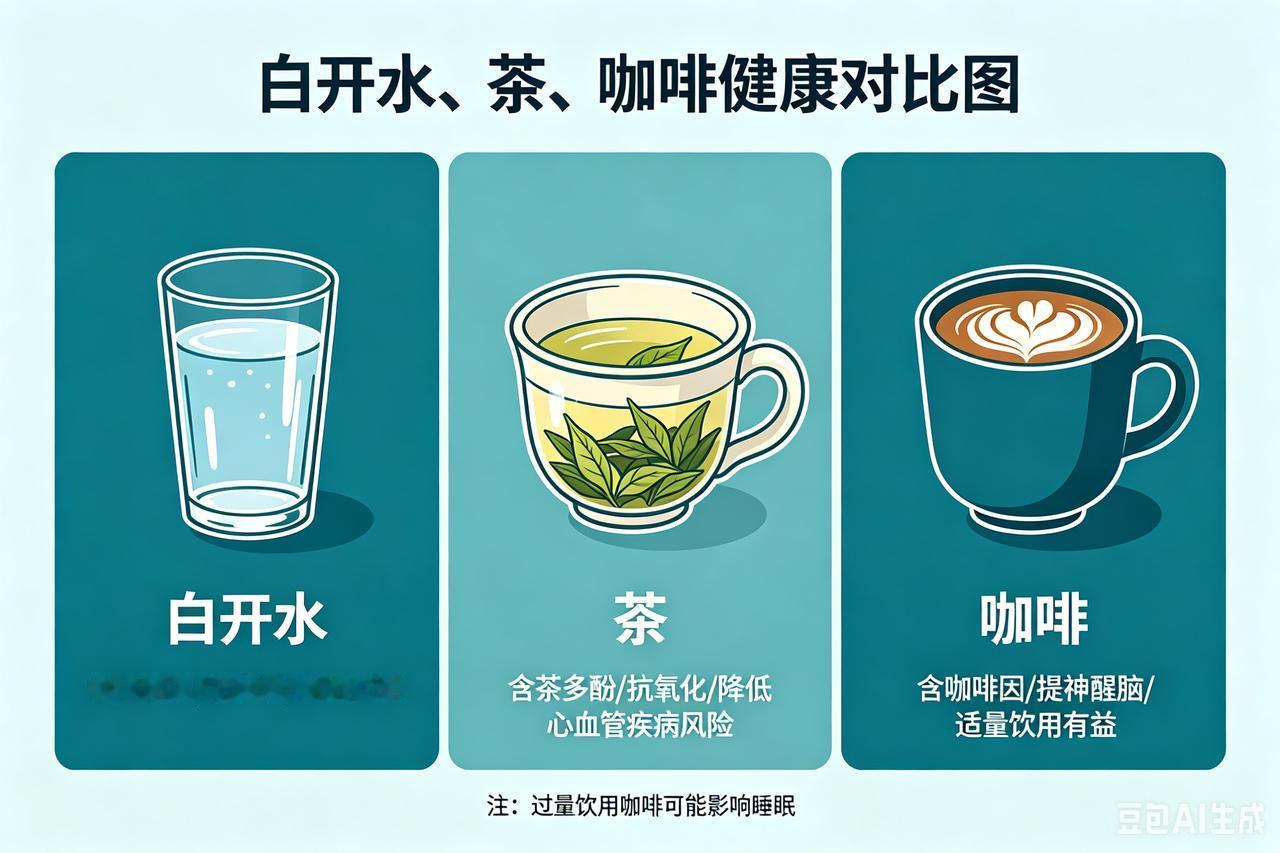 白开水、茶、咖啡哪个更健康?日常健康排序：白开水＞淡茶＞黑咖啡白开水是基础刚