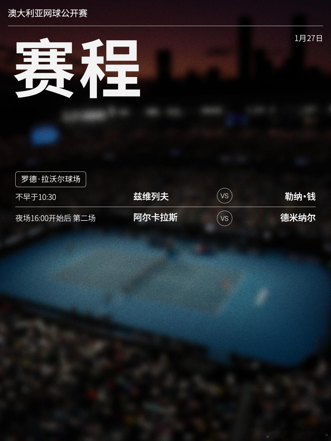 澳网20261月27日将展开上半区1/4决赛的争夺，具体赛程请见图（均为北京时