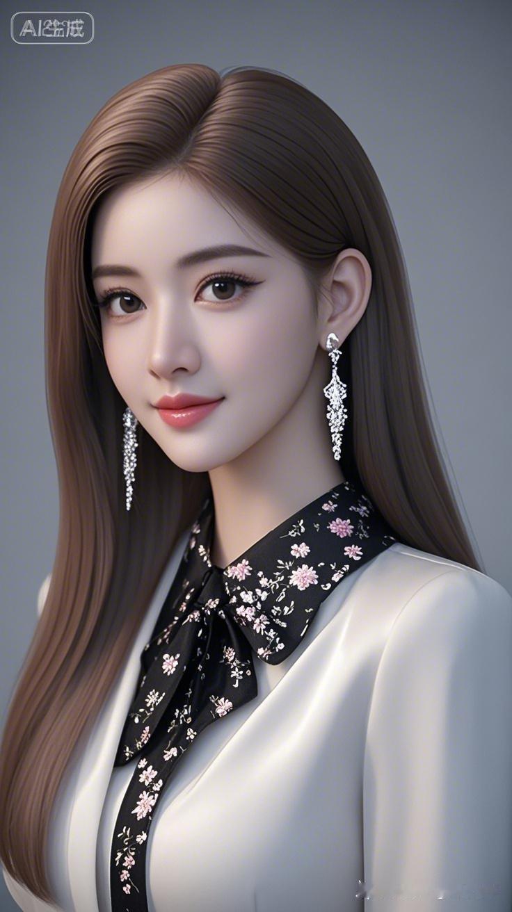 专业人像写真，浅咖长直发，浓眉大眼，白皙肌肤，长卷睫毛，浅粉亮唇配长耳坠。高档白