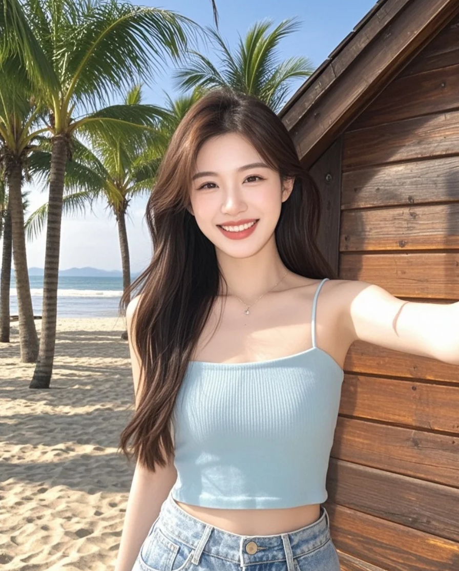 美女在海边木屋度假，感受绿树与大海的温柔陪伴