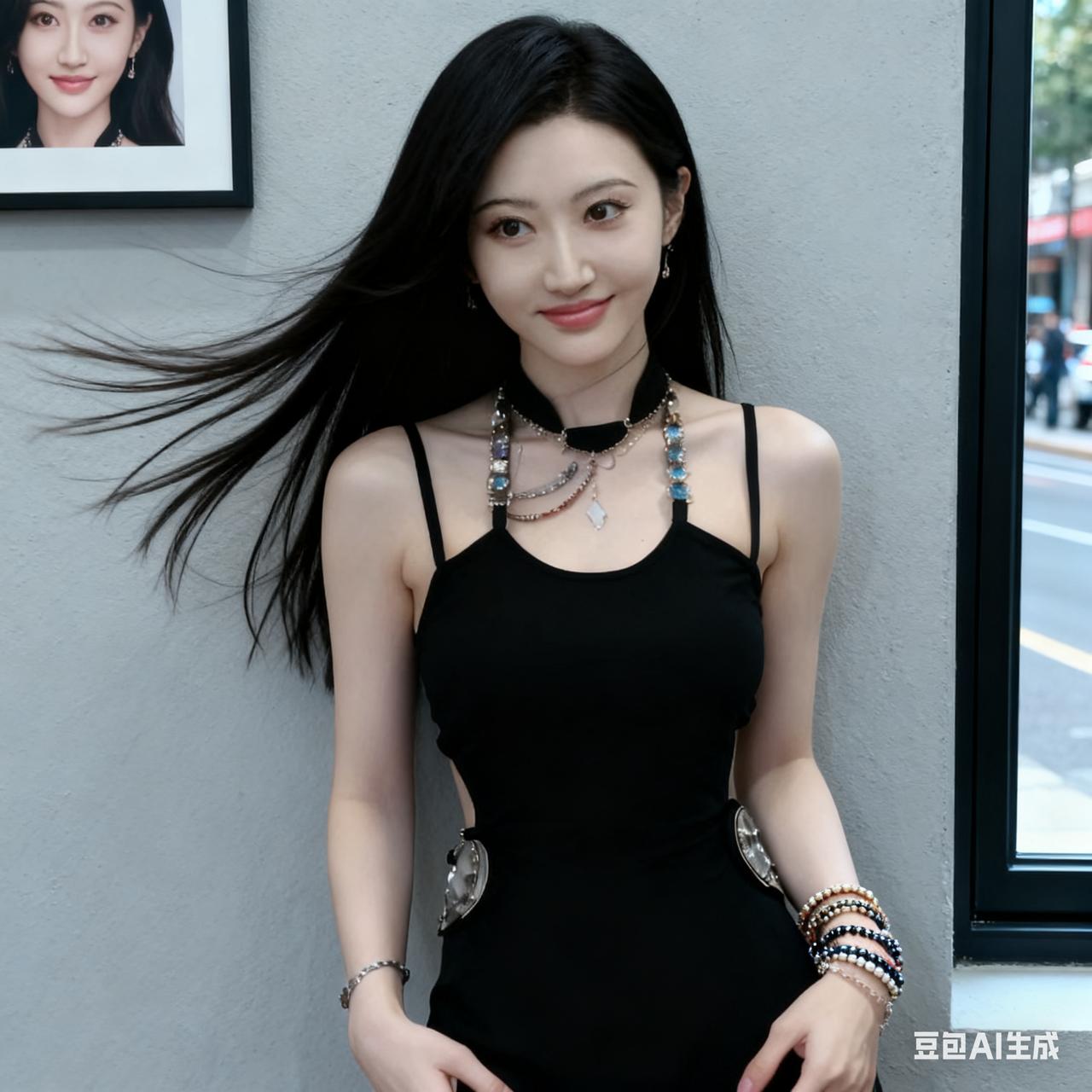 都市时尚女孩，黑裙配饰，优雅迷人！