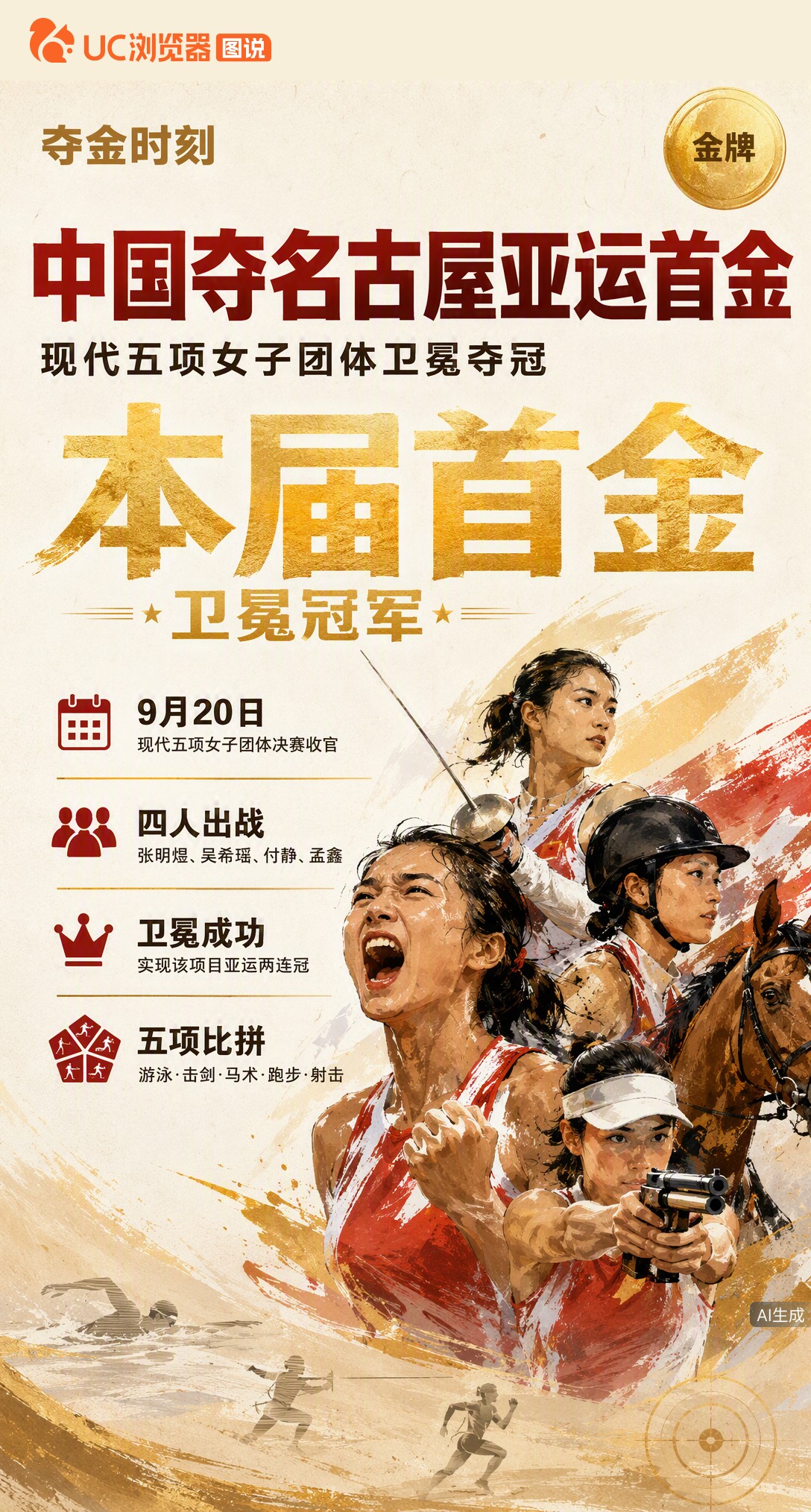 名古屋亚运首金落地！现代五项女子团体成功卫冕，张明煜等四人拿下中国代表团本届第一金。五项全能拼到最后
