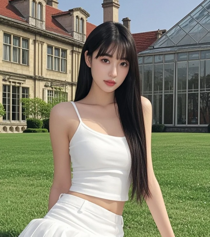 少女依偎在这美景里，像一只温顺的小猫