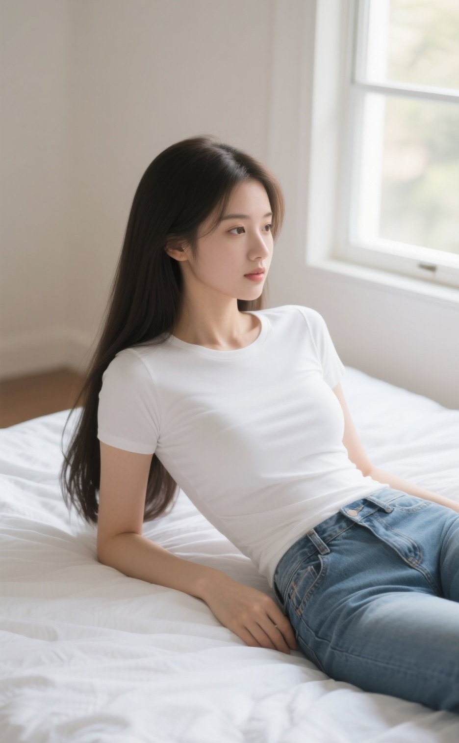 娇俏佳人慵懒午后，牛仔裤勾勒曼妙曲线