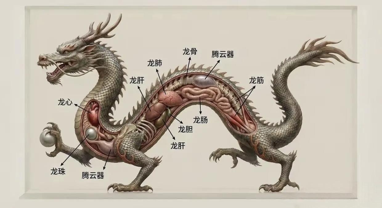 网友画得的龙内脏剖面图想象力太丰富了，特别是两个腾云器的设计，直接给我整笑了——