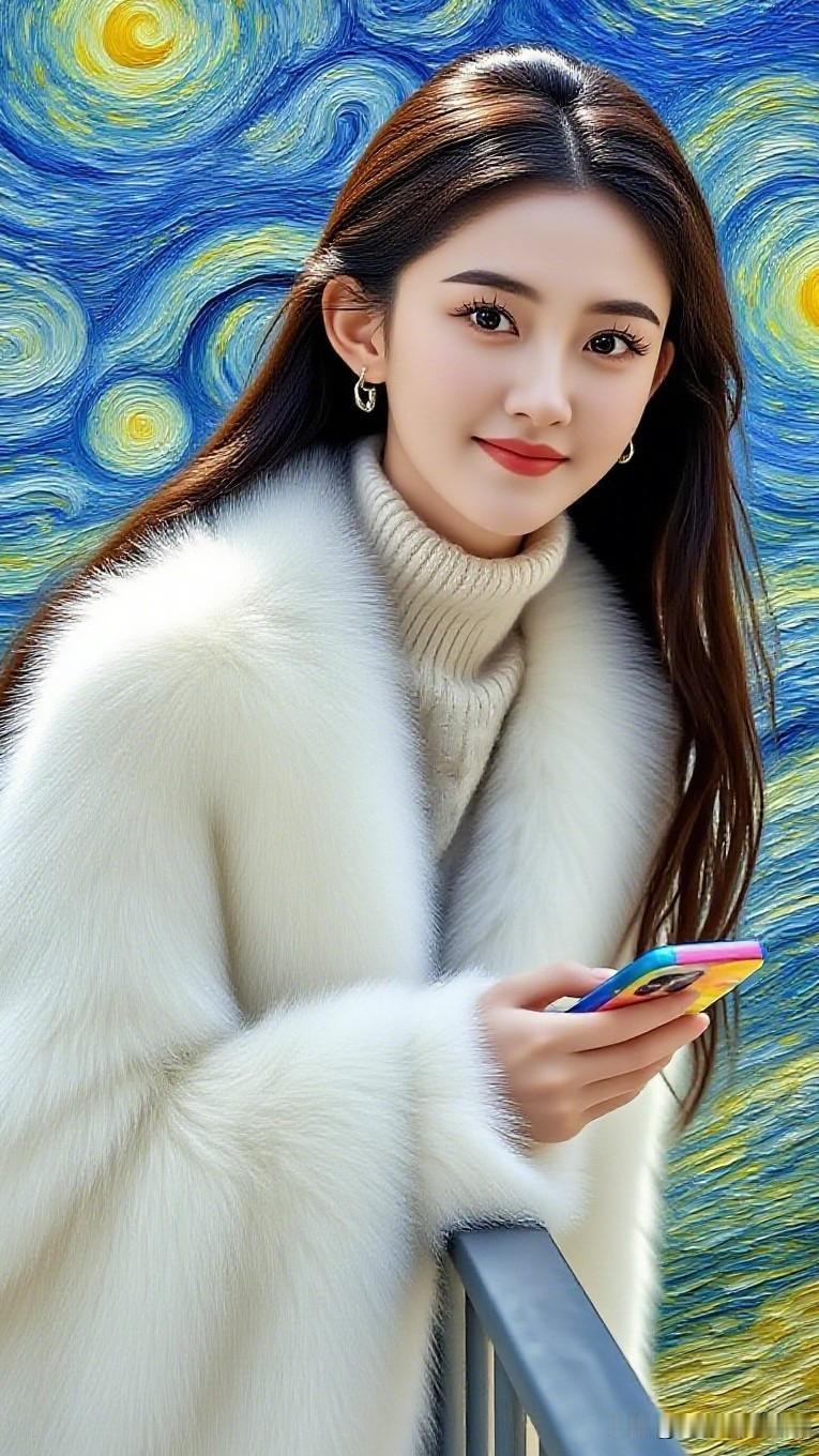 星河映美人，手机映芳华。有哪些精致简单的穿搭可以尝试冬日暖阳下，时尚女孩与梵高