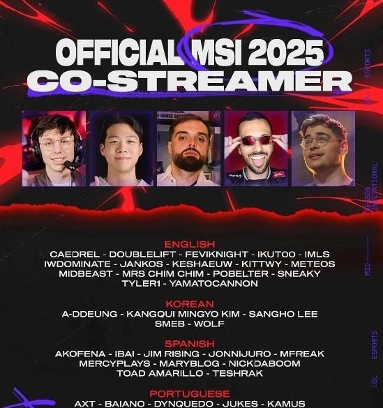 拳头公布2025MSI二路流合作主播：ning，DYS、kRYST4L在列20