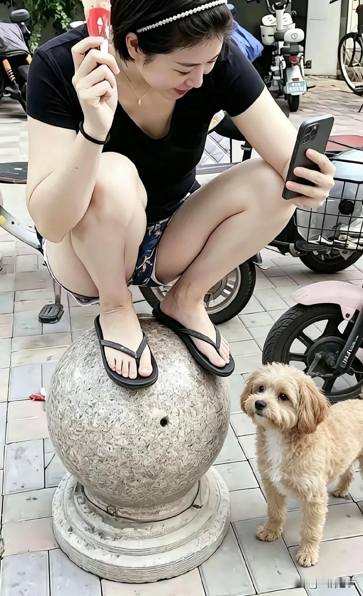 拿着冰棍逗小狗玩，小狗完全不搭理主人，一副看不到的样子