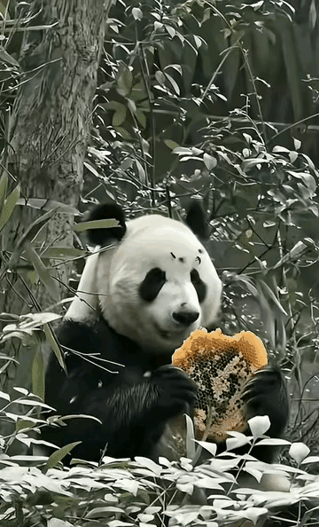 熊猫直接抄了蜜蜂的家，生啃蜂巢。蜜蜂：我们也不敢真蛰啊，万一熊猫有个三长两短，我