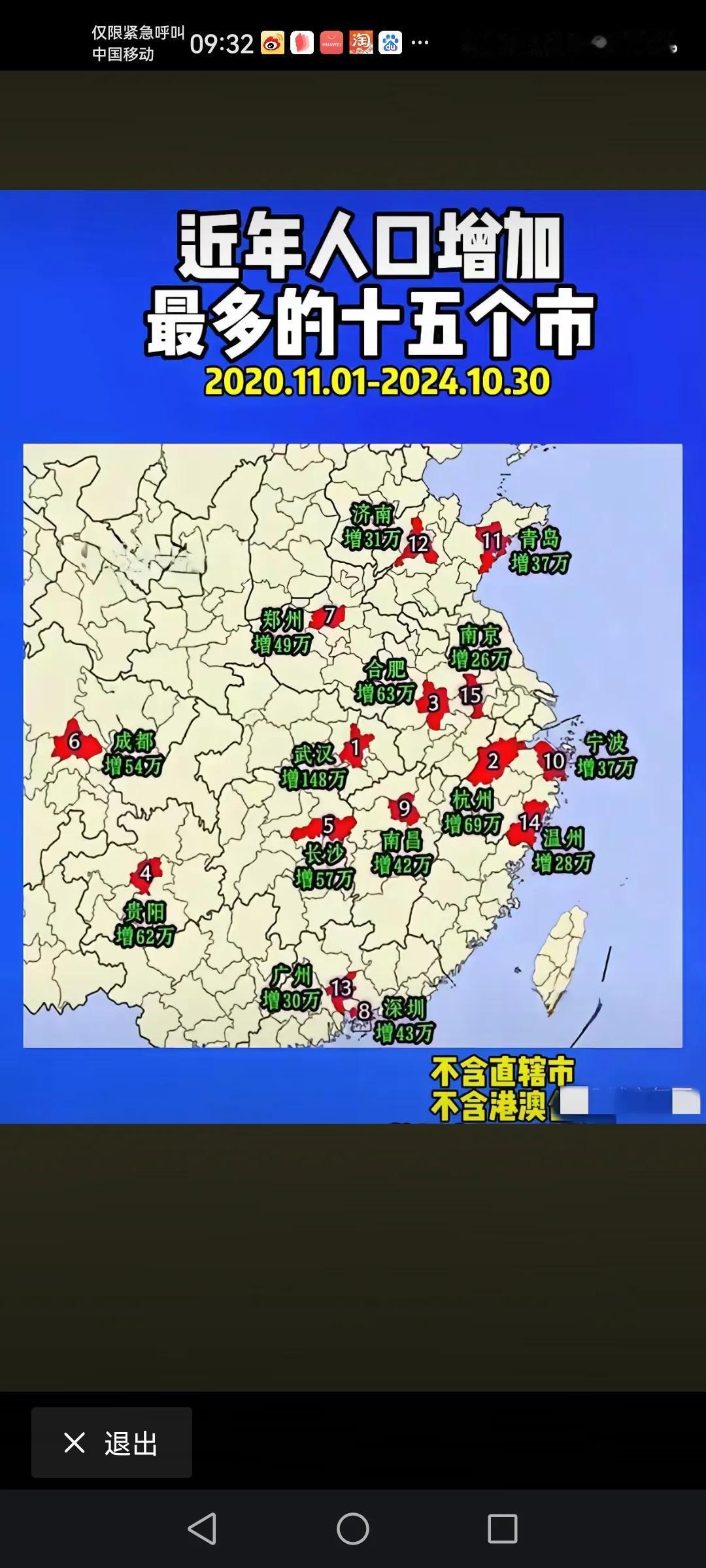 近几年全国人口增长最多的十五个城市浙江有3个城市上榜，可见长三角这边的人口吸引