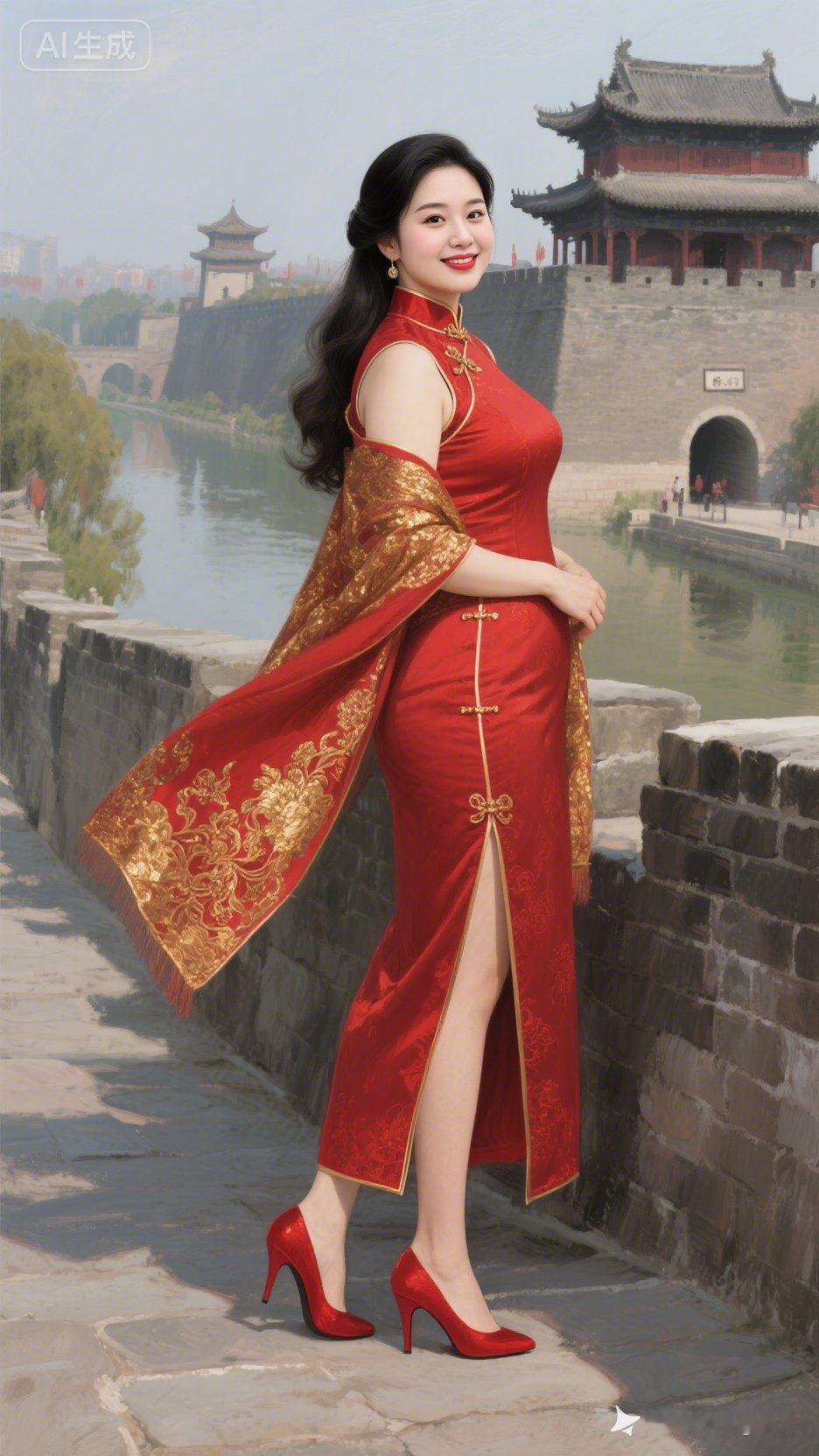 穿越时空的红色美人，惊艳了古老的城墙！🌟👗🏰