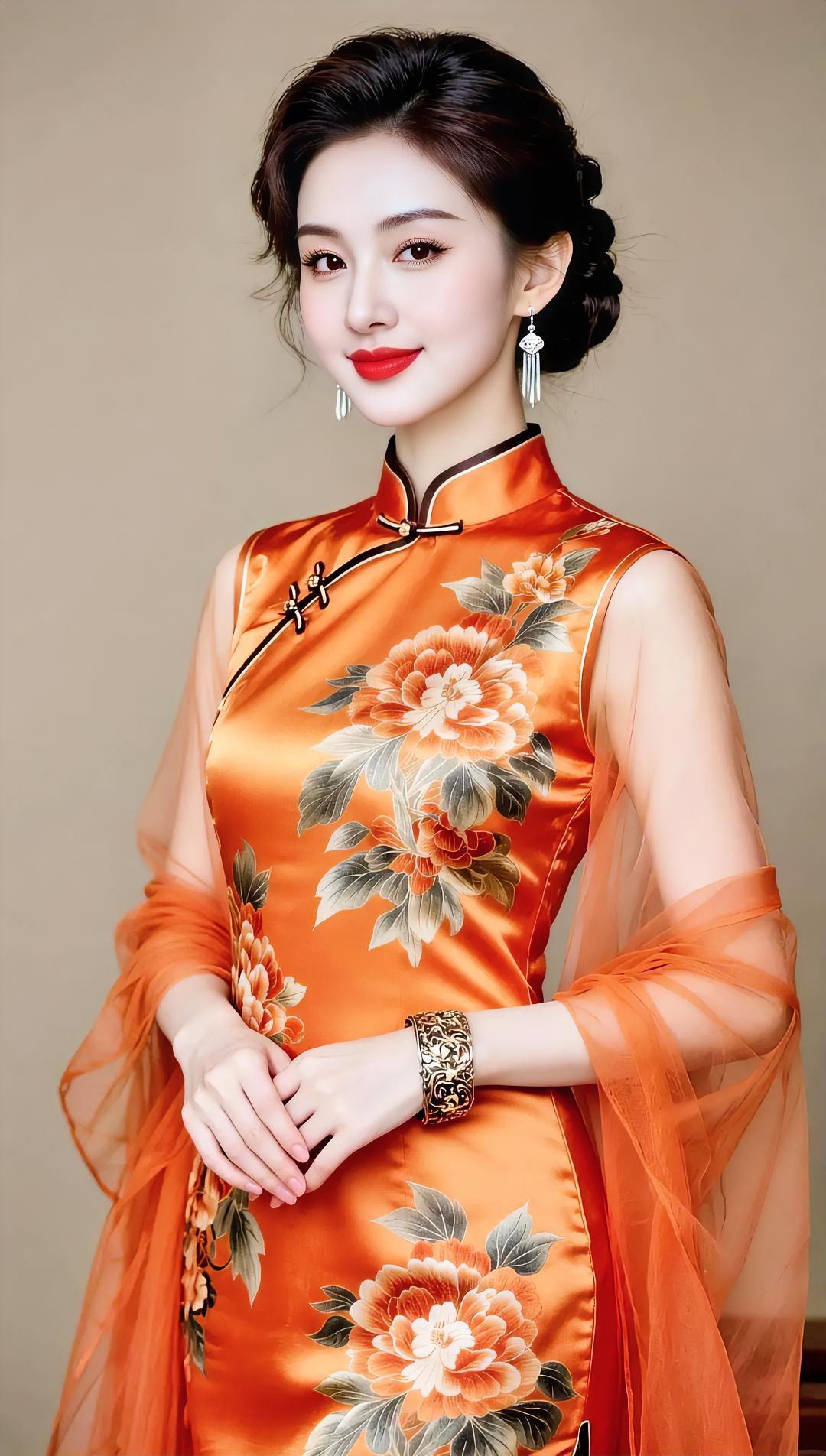 《橙缎牡丹》暖色光影，轻抚流年，你着橙缎旗袍，立领含嫣。牡丹绽放，纱
