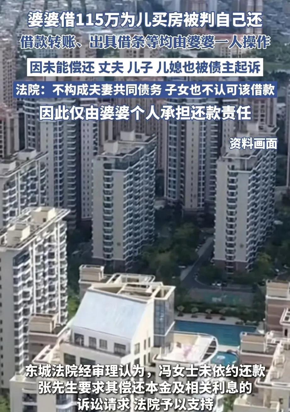 婆婆借款115万为儿买房，法院判其个人偿还近日，北京市东城区人民法院审结的一起