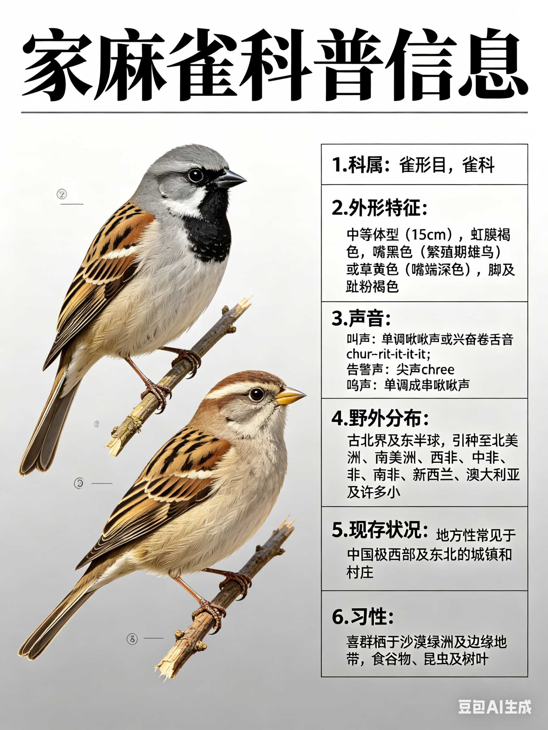 鸟类朋友图鉴家麻雀·科属：雀形目，雀科。·外形特征：中等体型（15cm）的麻雀