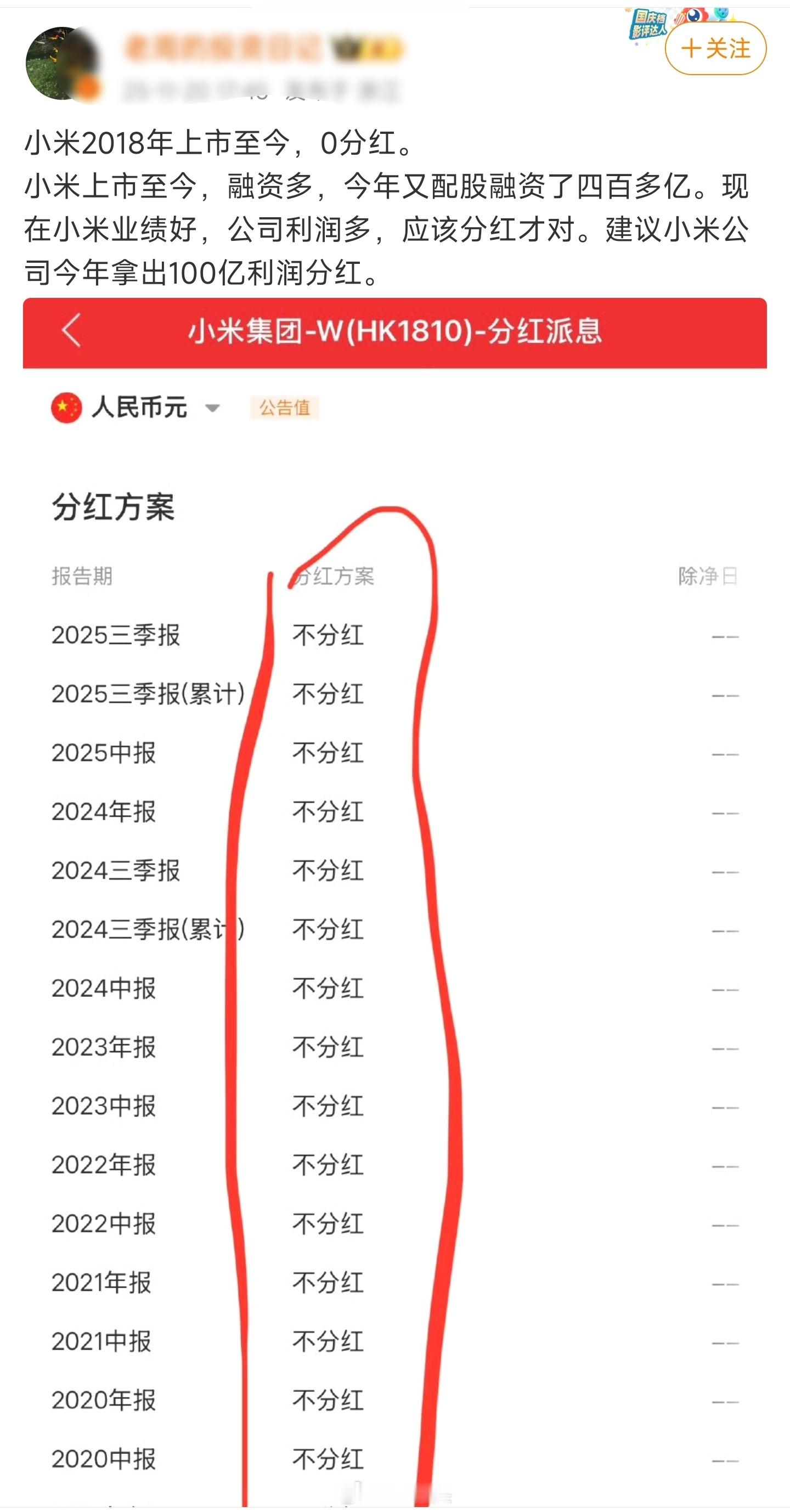 “小米2018年上市至今，0分红。建议小米公司今年拿出100亿利润分红。”伯克