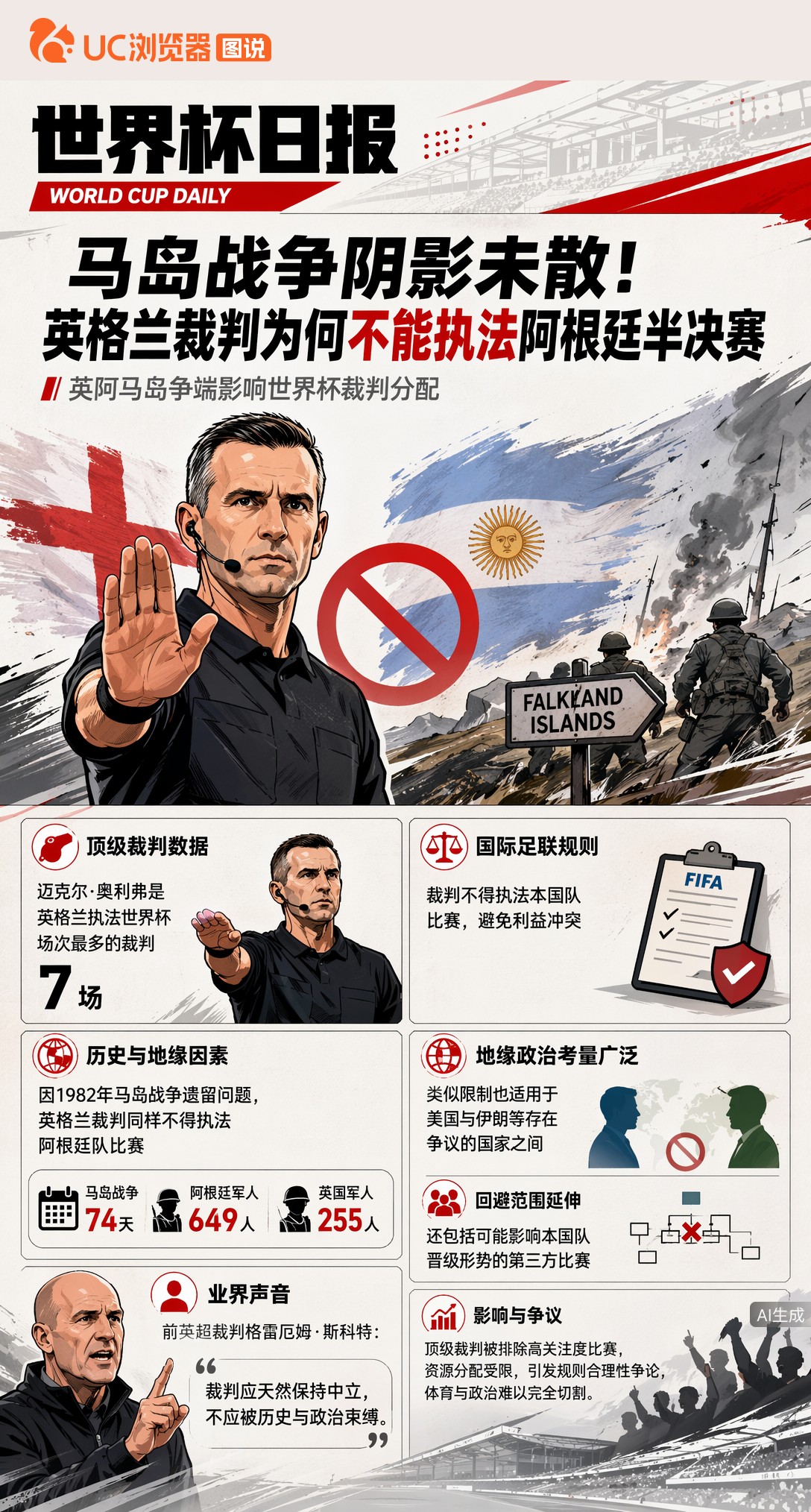 马岛战争阴影未散！英格兰裁判为何不能执法阿根廷半决赛