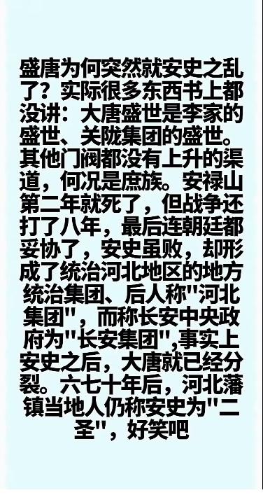 这个解读是：安史之乱的本质。大唐的关陇贵族长期压制河北集团。河北集团彻底倒向了安