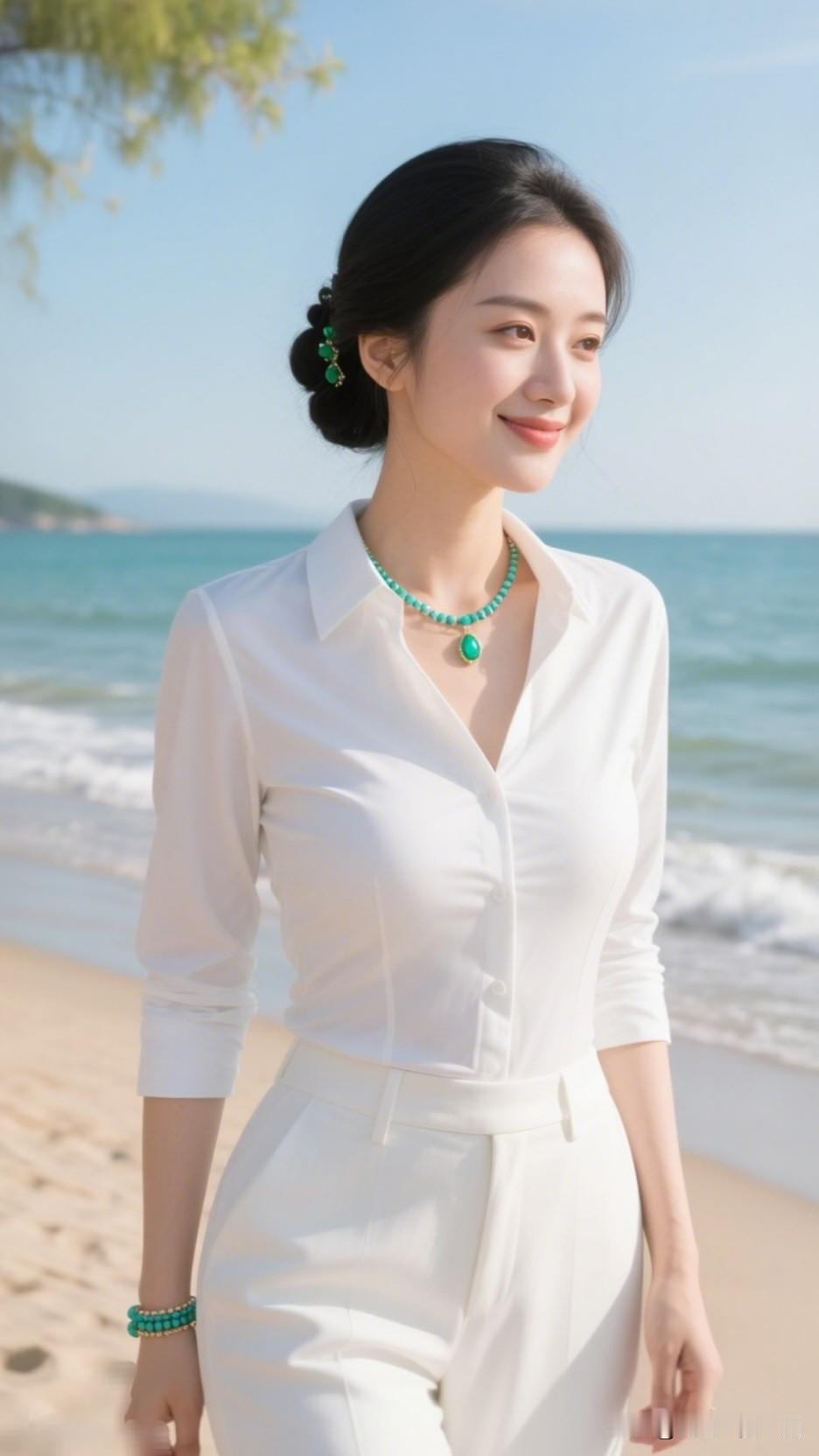碧海潮生，笑靥如花。什么样的女生称得上是美女?海边漫步，清新白衣，绿宝石点缀，