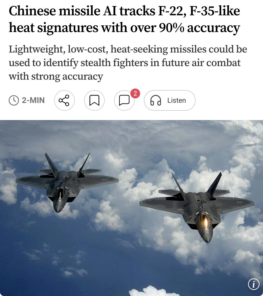 外媒：中国研究人员开发了一种轻量化低成本的人工智能系统，可帮助红外制导空空导弹识