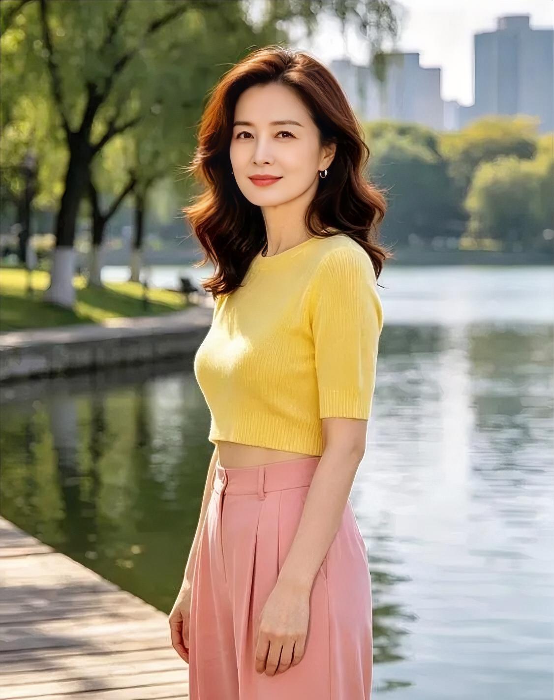 《湖畔晴光》明黄针织，轻搭粉裙微漾，卷发随风，垂落温婉时光。木栈湖畔