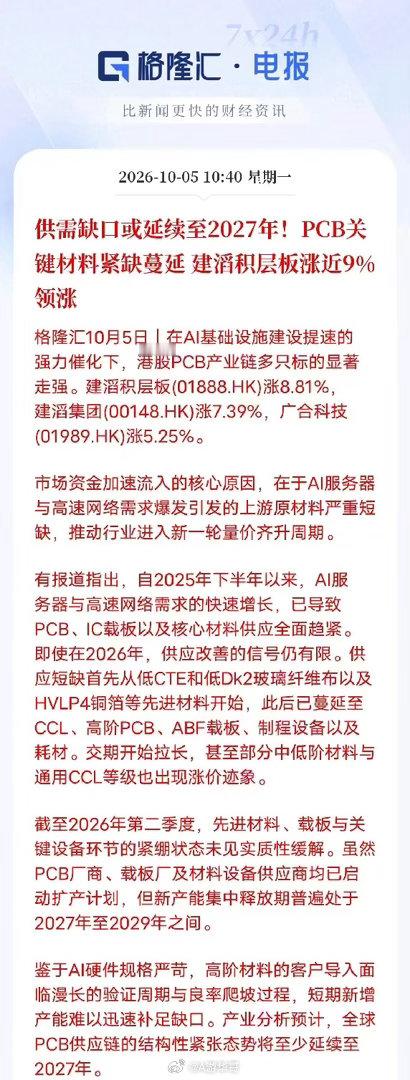 AI算力带火上游！PCB关键材料紧缺，供需缺口或将延续到2027年AI基建持续加码，带动PCB上游材