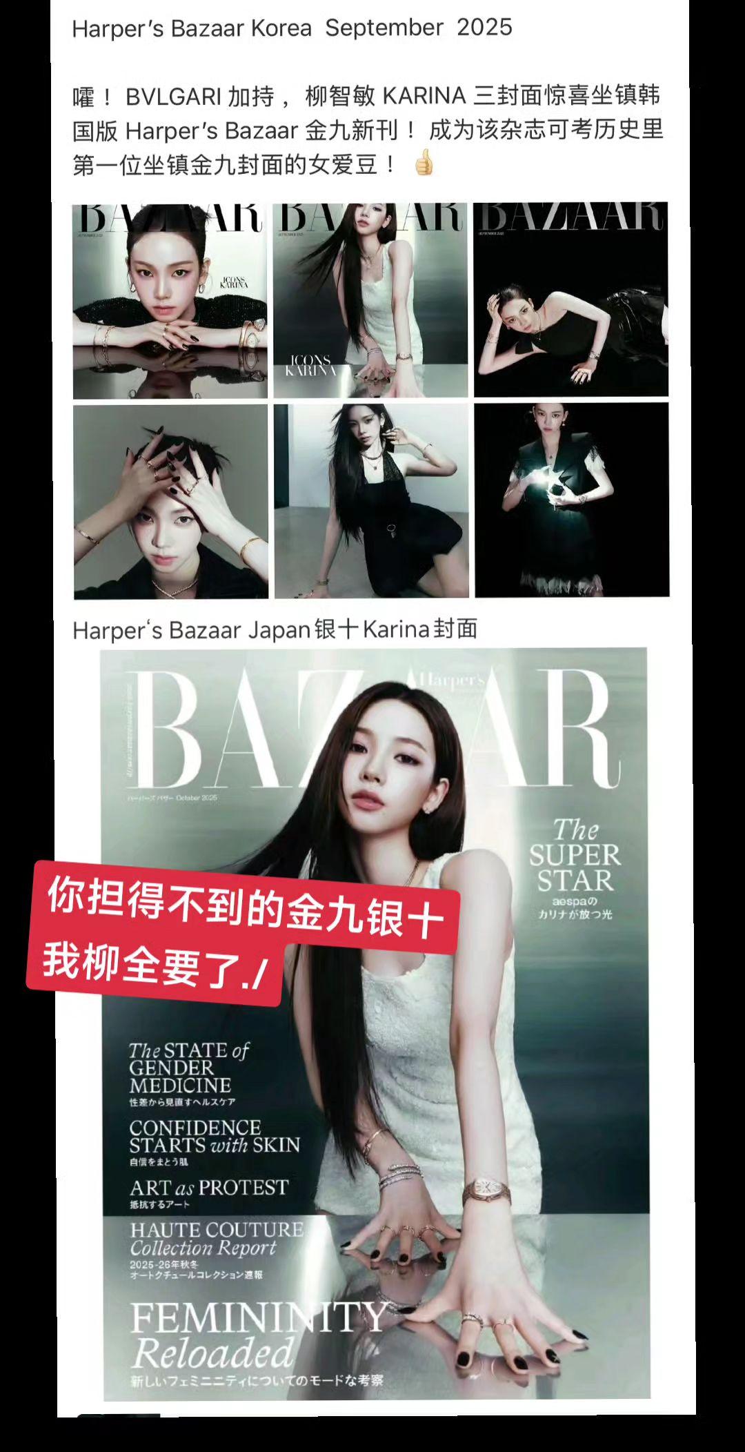 恭喜这个柳智敏拿下时尚芭莎九月、十月刊封面！