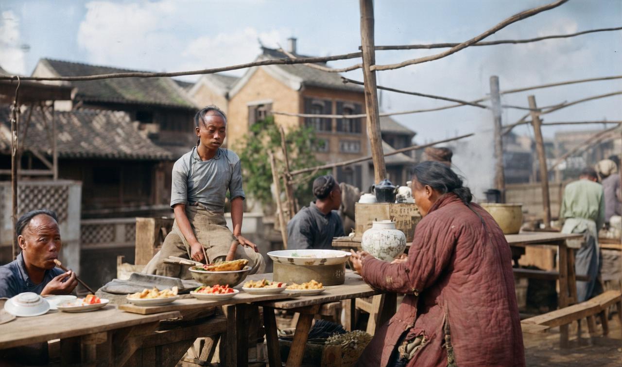 清末，开埠城市街头的小吃摊，没有精致的棚屋，没有花哨的招牌，几张被岁月磨得发亮的
