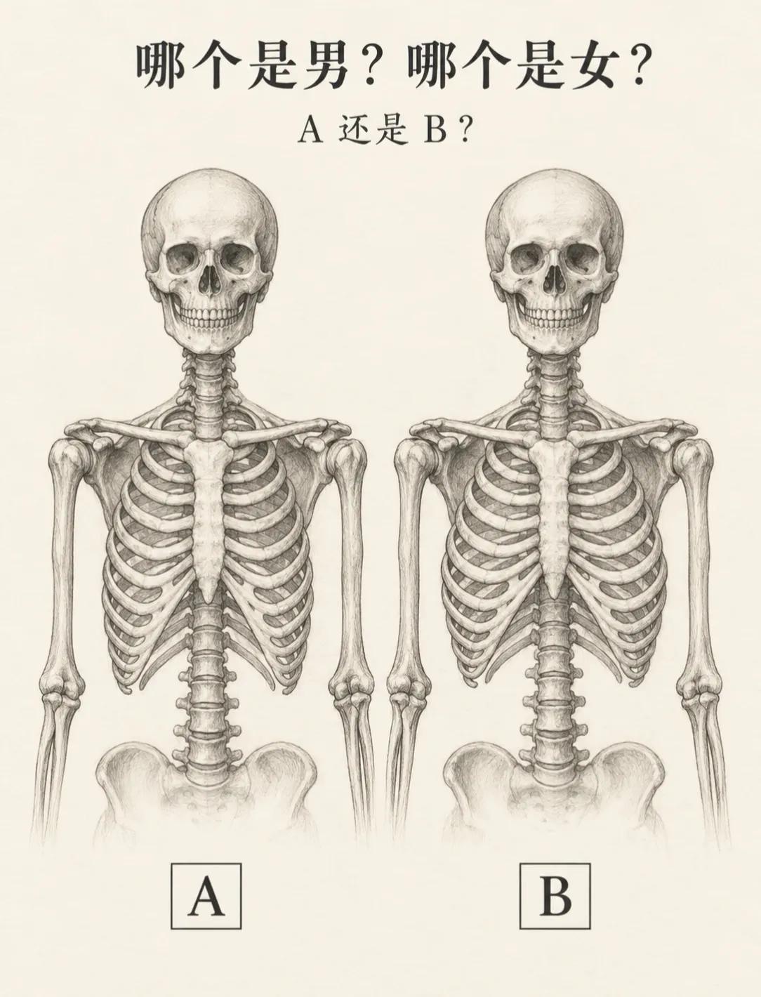 考考大家，这两副骨骼A和B，哪个是男性，哪个是女性？分辨的关键点主要看什么？看看