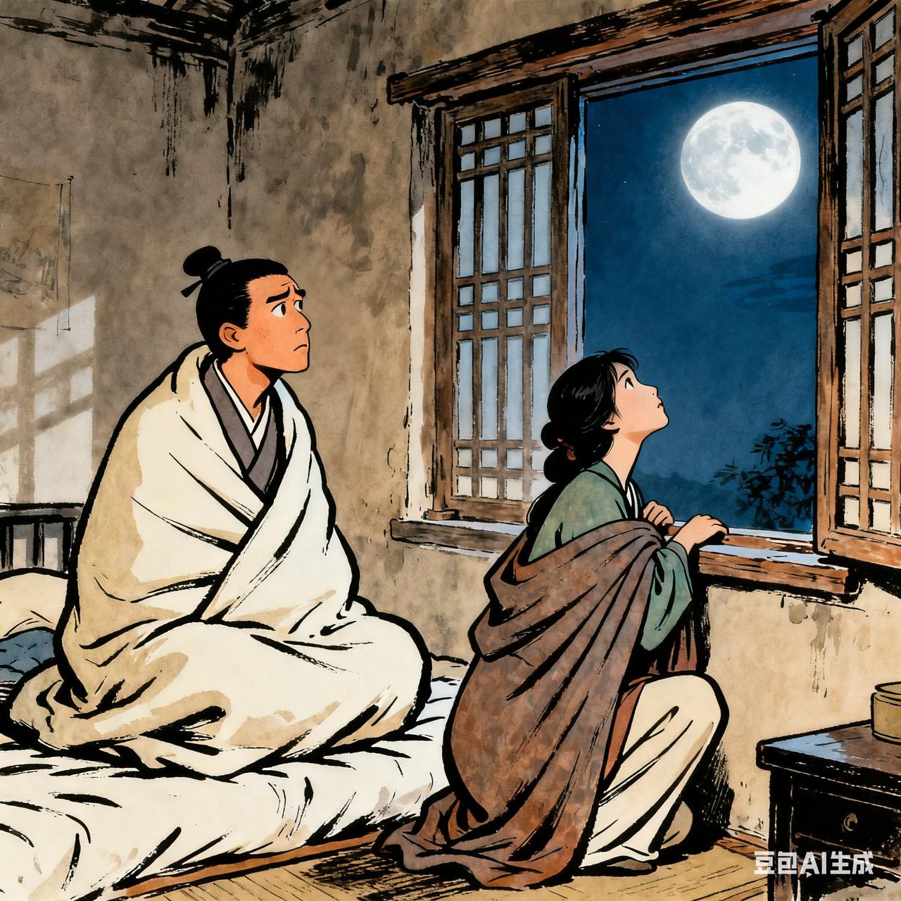 古代夫妻搞笑段子丈夫夜里被冻醒，摸了摸身边空荡荡的，转头见妻子蹲在窗边对着月