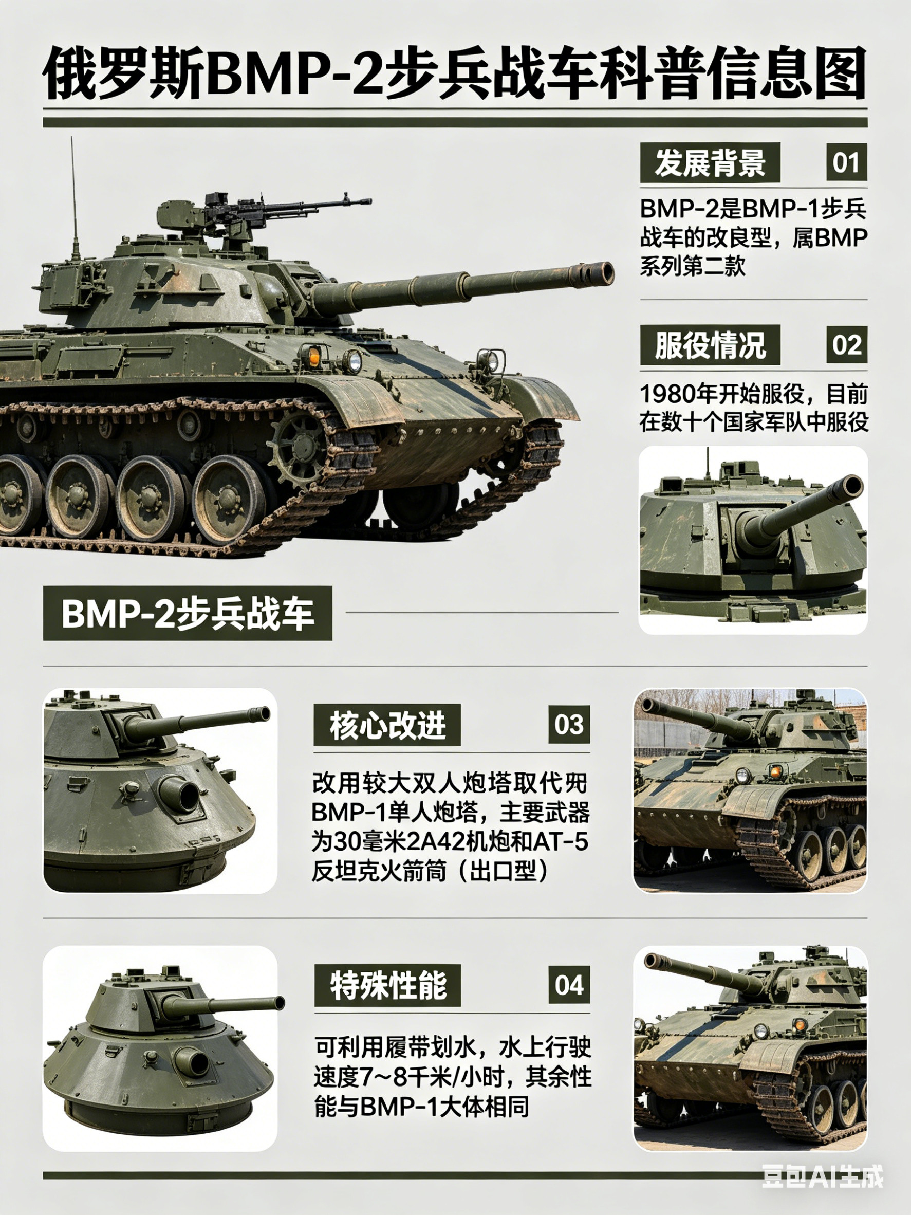 军事ai新视野俄罗斯BMP-2步兵战车BMP-2是BMP-1步兵战车的改良型，