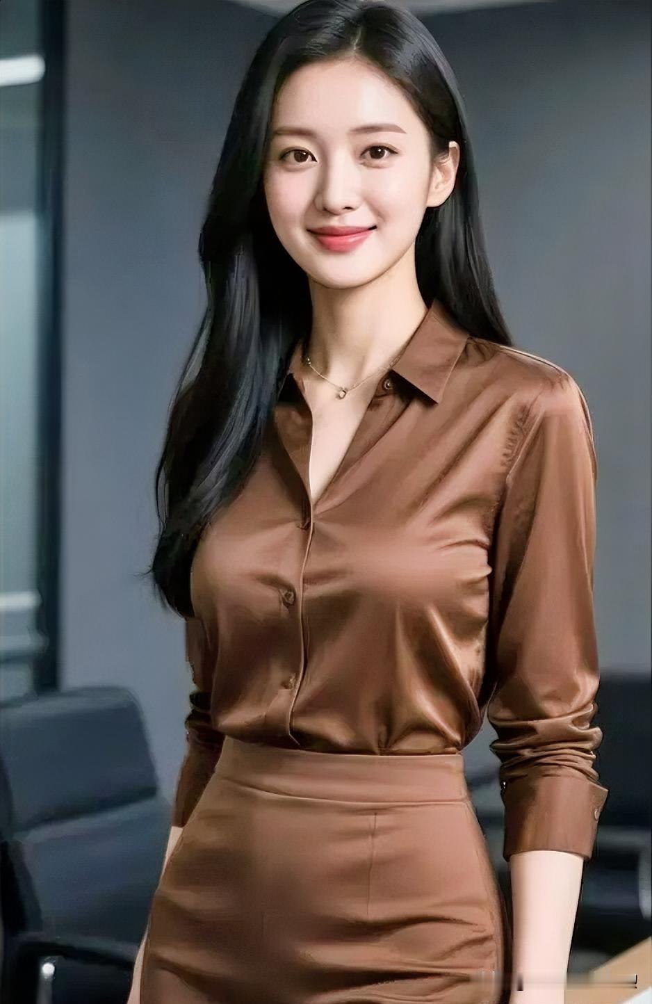 美拉德色系的裙装勾勒出知性的轮廓，温润如玉。眸含秋水，唇若点朱，从容浅笑间，尽显