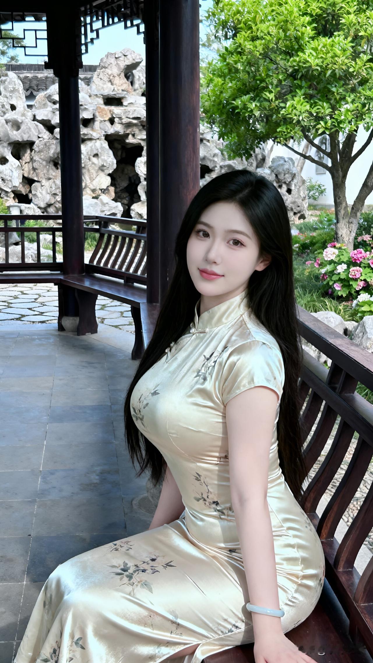 水墨丹青中的东方雅韵：古典园林里的旗袍风情在江南园林的雅致景致中，一位身着浅金