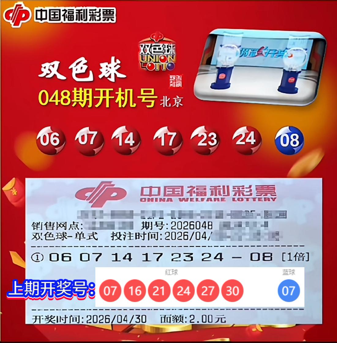 双色球第26048期开机号今日揭晓：红球06、07、14、17、23、24，蓝球