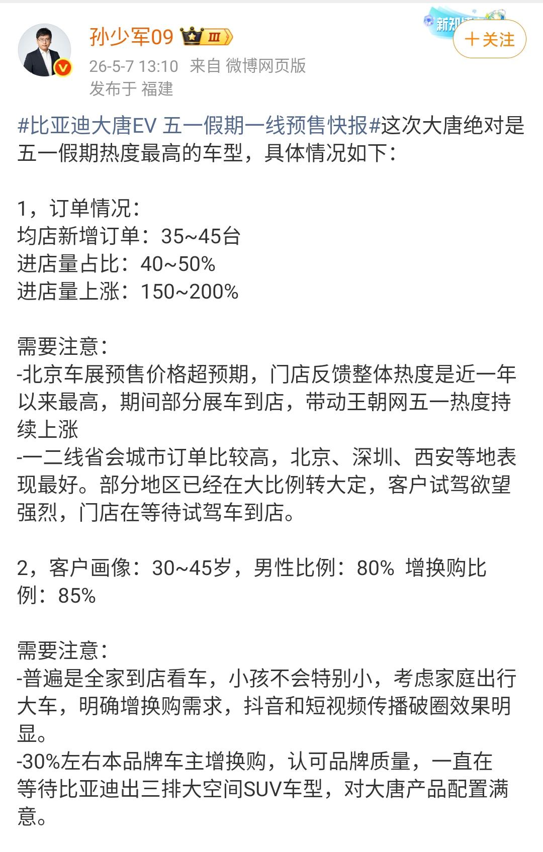 孙少军：比亚迪大唐成为五一假期期间最火爆的车！新疆在五一期间只有一台展车，放