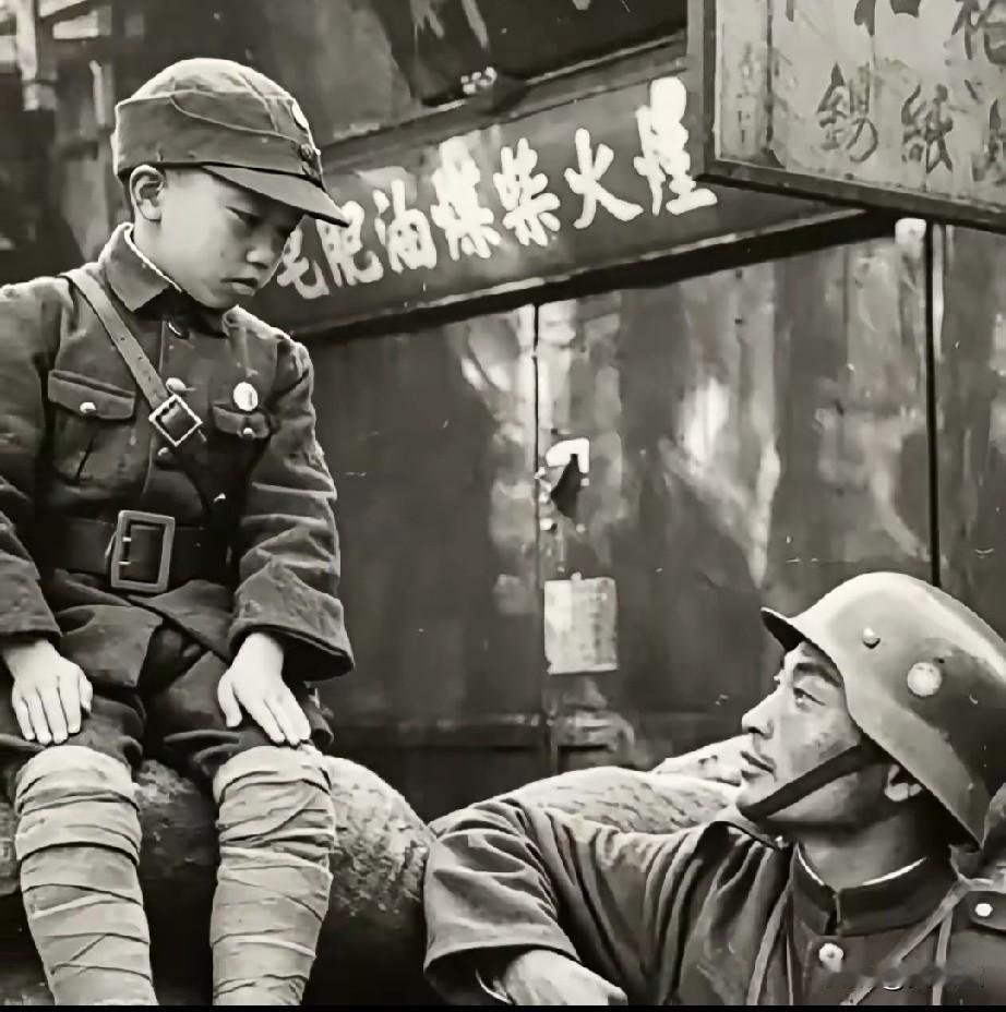 1937年淞沪会战的废墟里老兵仰头凝望少年兵，四目相对，有X痛更有托付。无声