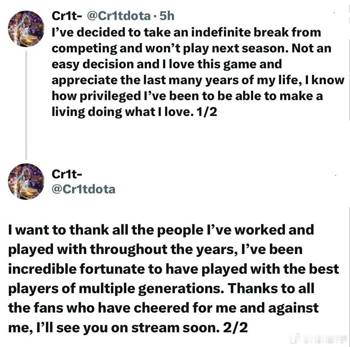 Cr1t发推退役，感谢了支持他的粉丝！dota2​​​