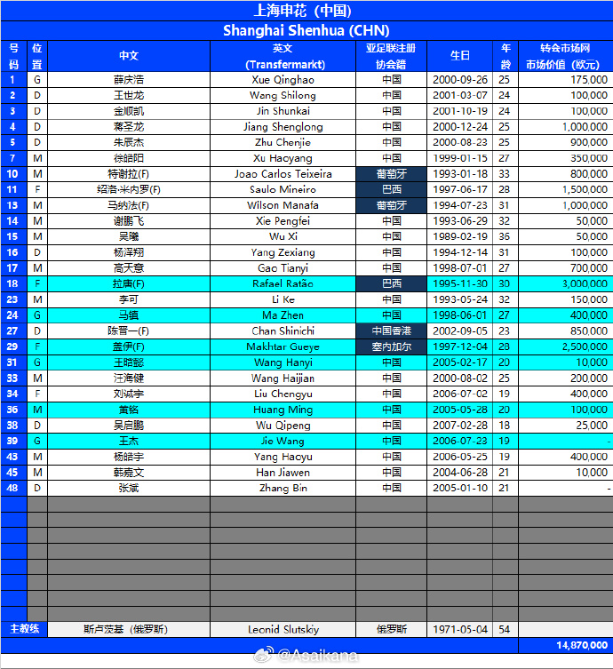 申花亚冠大名单: 补报拉唐、盖伊、马镇以及3名05后小将