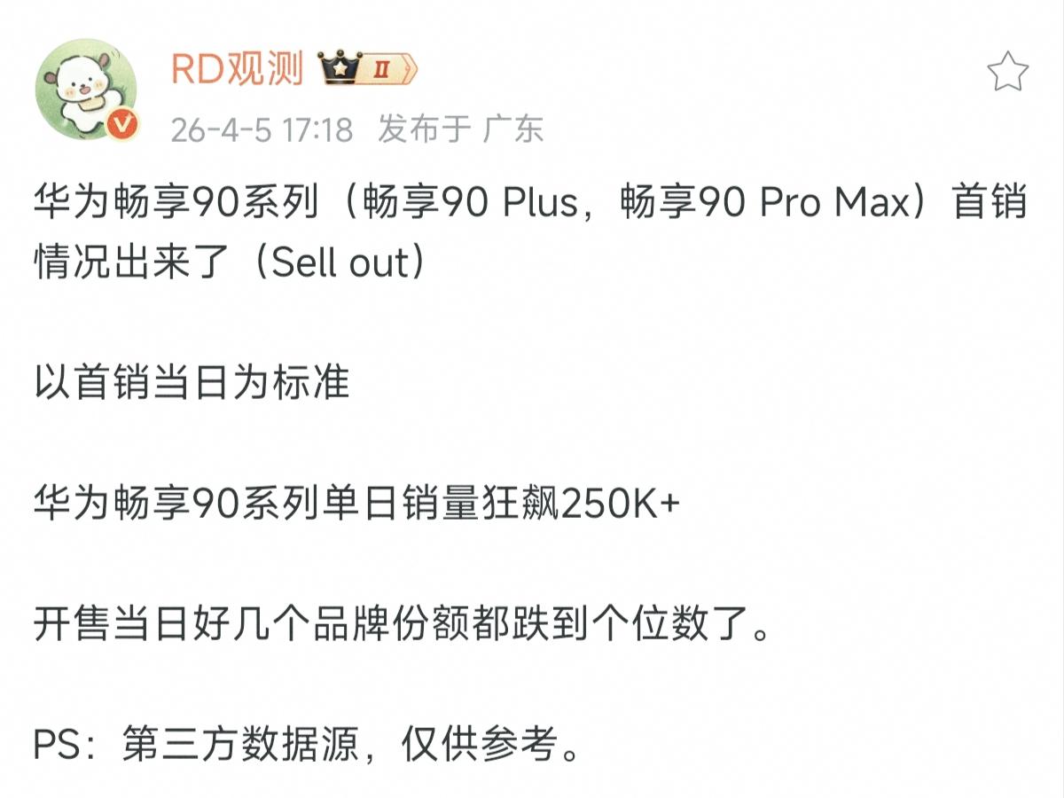 想过10万，也想过15万，但华为畅享90系首销25万+台一出来，恐怕没有友商笑得