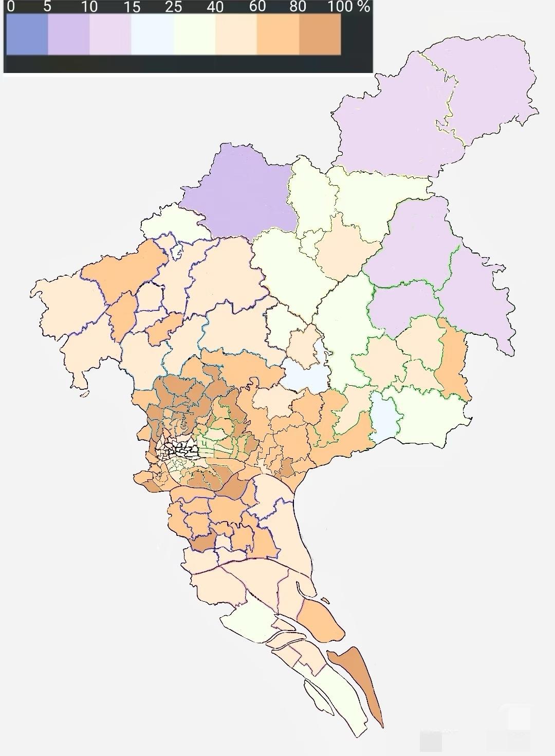2025年广州市外来人口占比情况图作为市中心的越秀区和天河南出现了一个外来人