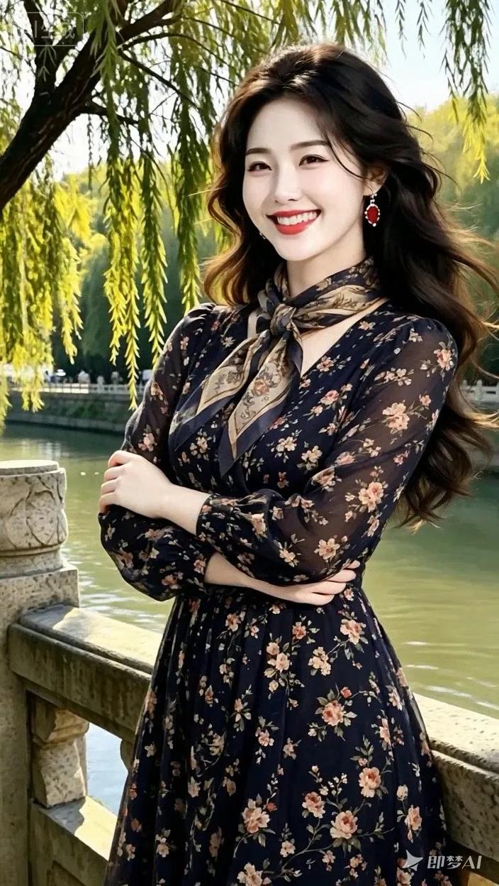 七绝●开心游玩树下佳人笑靥妍，花心绿柳亦垂涎。春风碧水阳光暖，赏景