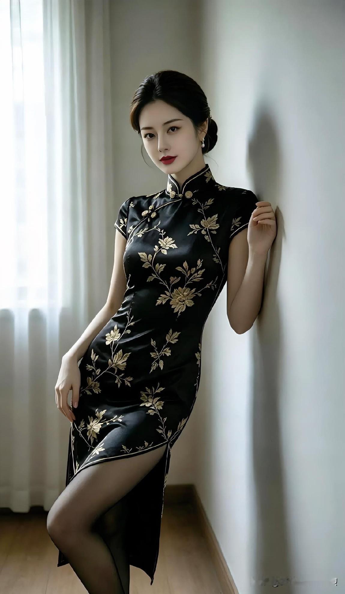 墨色旗袍绽金花，窈窕身姿倚素墙。光影织就东方韵，一颦一笑，皆是岁月沉淀的优雅诗行