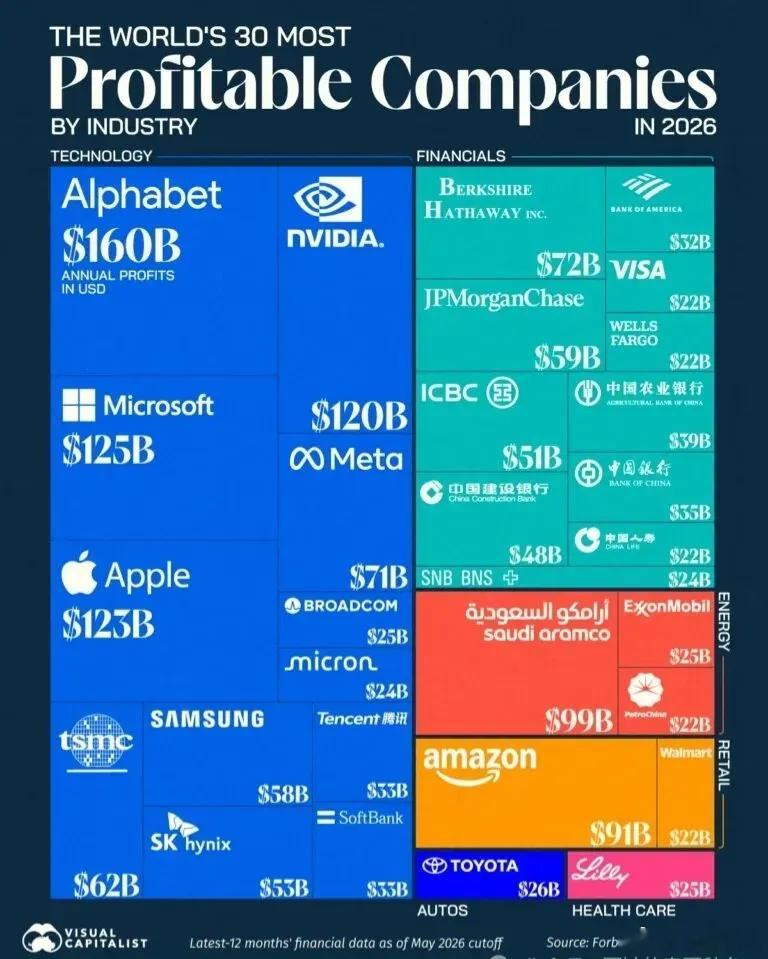 全球最赚钱的30家公司排行榜。基本上都是美国公司。2026年全球最盈利公司TOP