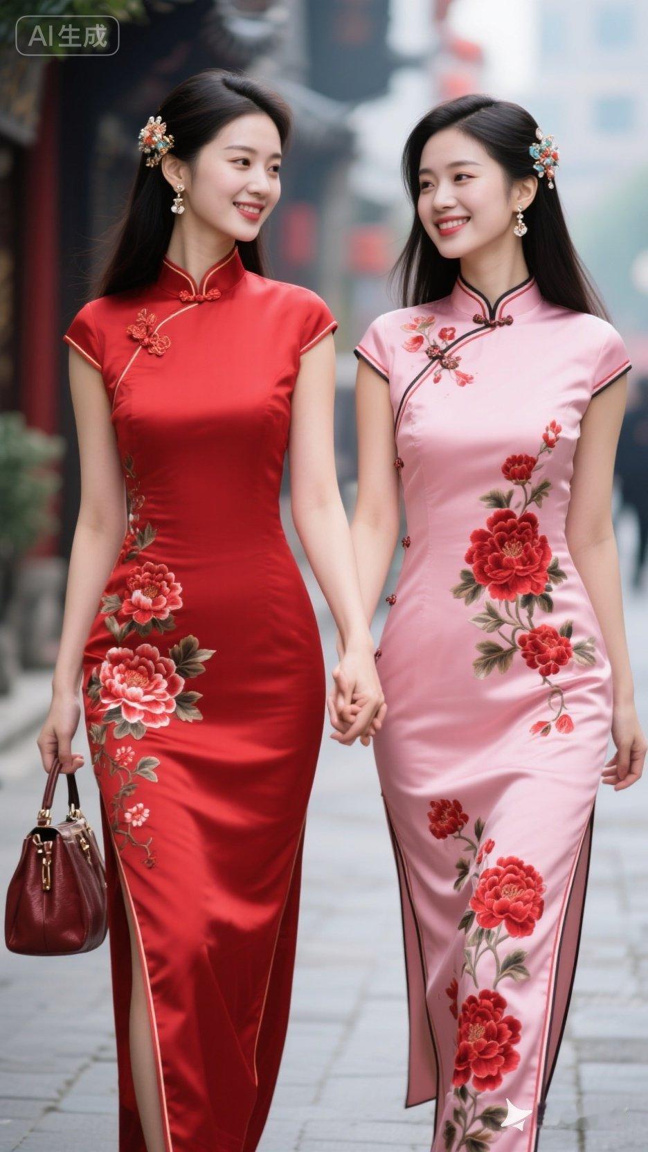 两位美女手牵手穿旗袍逛街。