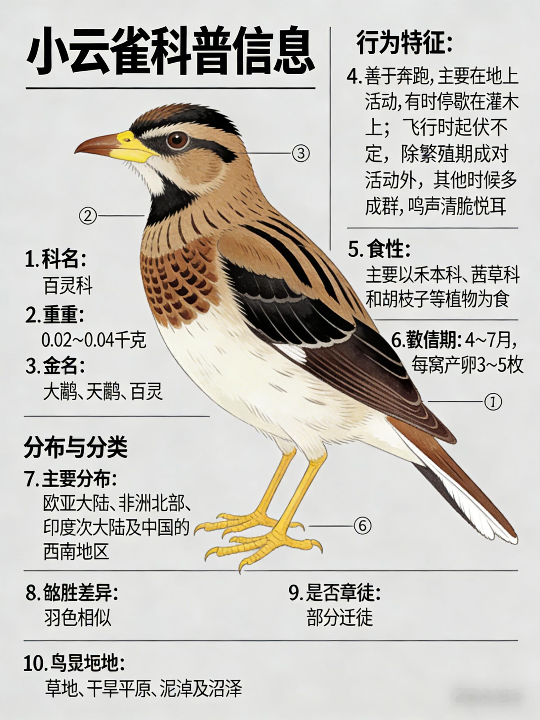 鸟类朋友图鉴小云雀科名：百灵科体重：0.02～0.04千克别名：大鹨、天鹨、百