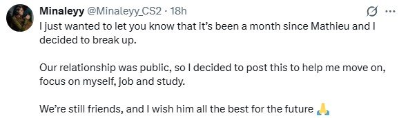 Vitality明星狙击手ZywOo与女主播Minaleyy在交往六年后结束了恋