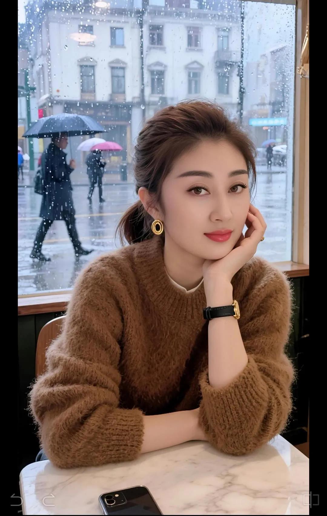 雨中咖啡馆，暖意融融的午后时光街拍高清美女