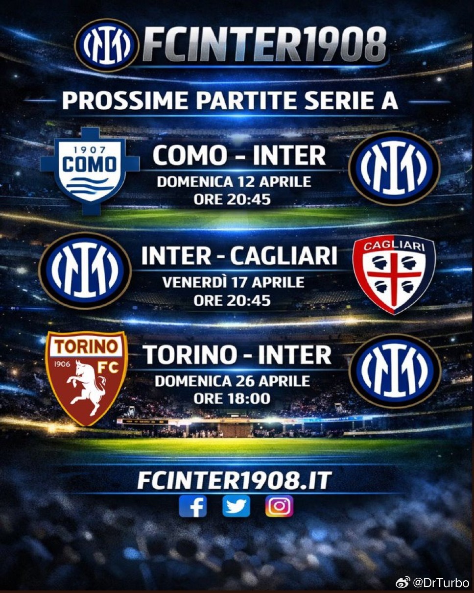 官方：国米四月的几场比赛的赛程如下国际米兰-罗马4月5日周日晚上8:4